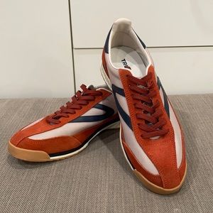 Tretorn sneakers.Size US women’s 8.5. Light gray, rust orange suede, navy blue.